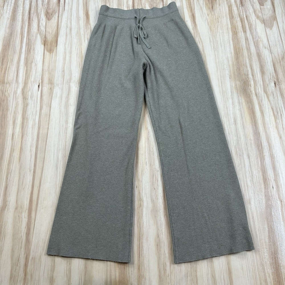 Uniqlo Womens L Beige Ribbed Wide Leg Lounge Pants Drawstring Pull On Athleisure